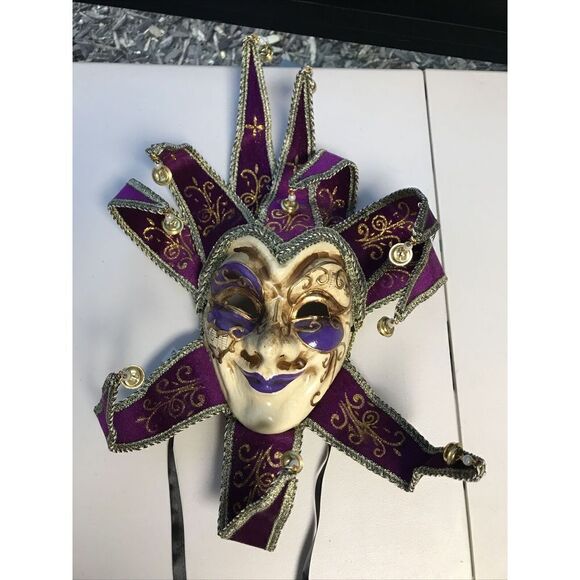 Mask Jester Gold Purple Carnival Tie Back Adjustable Wall Mounting paper Mache - Picture 3 of 7